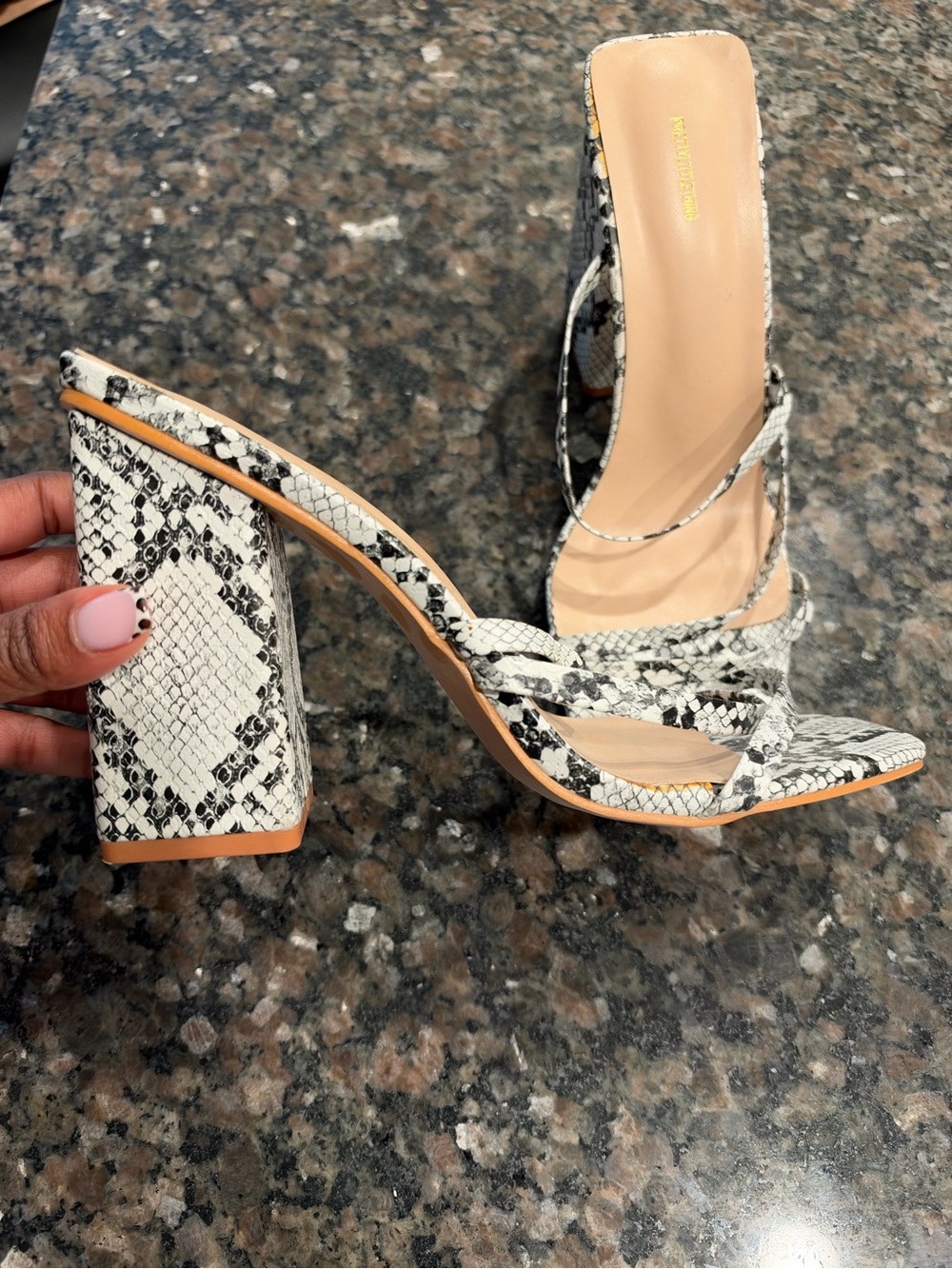 Snake Print Strappy Block Heel Sandal - White/Black